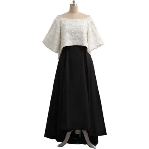 Two Pieces Prom Dresses A Line Beaded Top Girl Elegant Stain Formal Party Gowns Black White Ankle Length Half Sleeves Party Gown