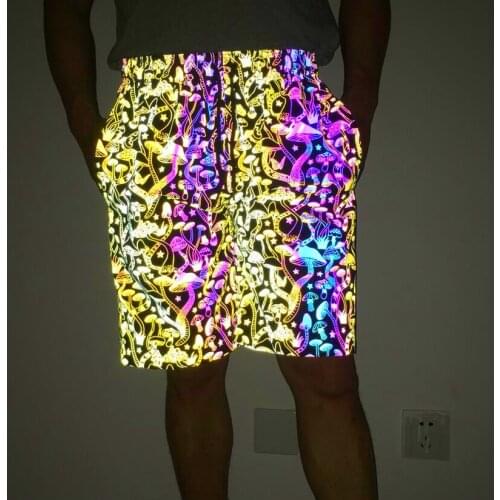 Summer 2020 men colorful mushroom reflective shorts night light hip hop short homme harajuku reflect casual short pants bermuda