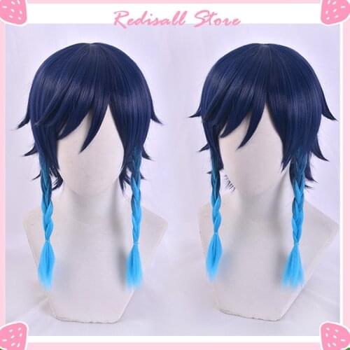 Venti Wig Genshin Impact Cosplay Hair Gradual Blue Short Twin Braids Braided Styled Heat Resistant Hair Adult Women Halloween