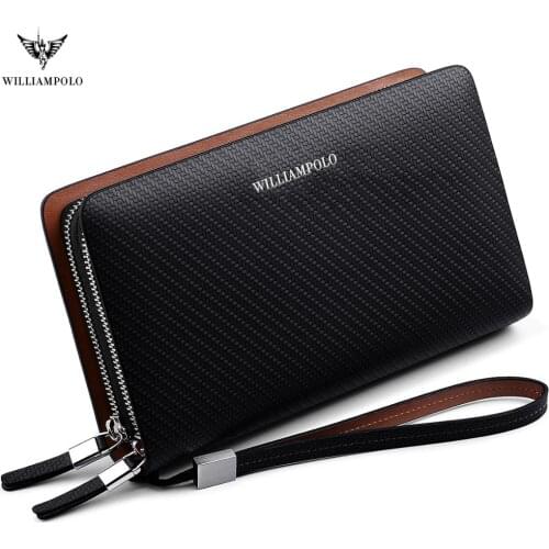 WilliamPOLO Brand Long Clutch Handbag Wallet Men Genuine Leather Credit Card Holder Organizer Phone Purse Double Zipper Business