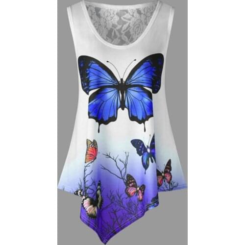 Women Summer Blouse Fashion Sleeveless Butterfly Print Blouse Female O-Neck Back Lace Hollow Out Long Hem Shirt Plus Size