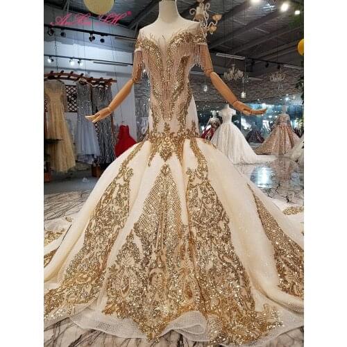 AnXin SH Luxury princess trumpet golden flower lace beading crystal o neck sparkly mermaid wedding dress 100% real photo