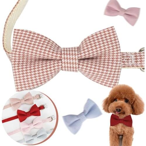 12pcs Lattice Syle Bowtie Lovely Cat Adjustable Bow Collar Pet Necklace Traction Rope Kitten Nylon Leash Puppy Lead Leashes