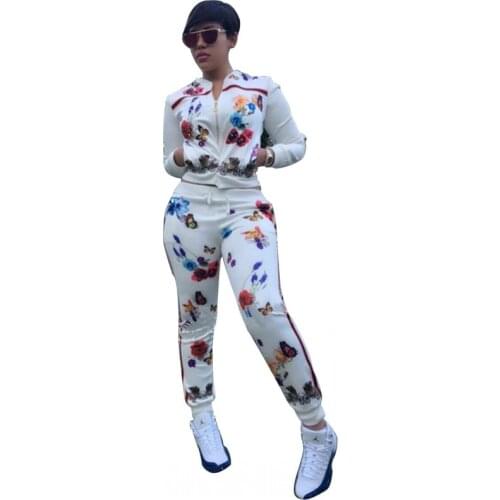 2020 Women Two Piece Set Print Butterfly Flower Tracksuit Runway Jacket Joggers Matching Pants Sweat Suits Winter Ensemble Femme