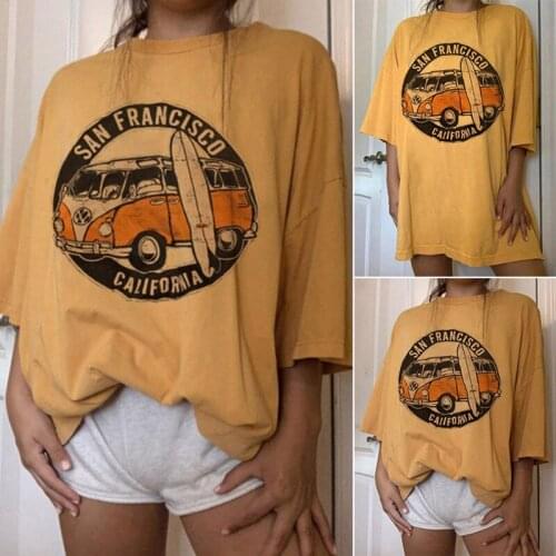 90s Vintage 2021 Yellow Car Printed TShirt Casual Round Neck Short Sleeve Printed Pullover Womens T-Shirt Camisetas Mujer