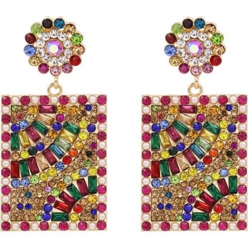 Bohemia Rainbow Crystal Earrings for Women Multi Rhinestone Geometric Square Earrings Boho Jewelry Femme Hiphop Ethnic Earring