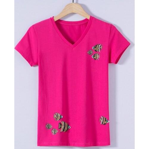 Brand Fashion Womens High-end Luxury Summer Slim V-neck Diamond Beaded Cartoon Fish Fine Cotton Short-sleeved T-shirt Tees Top