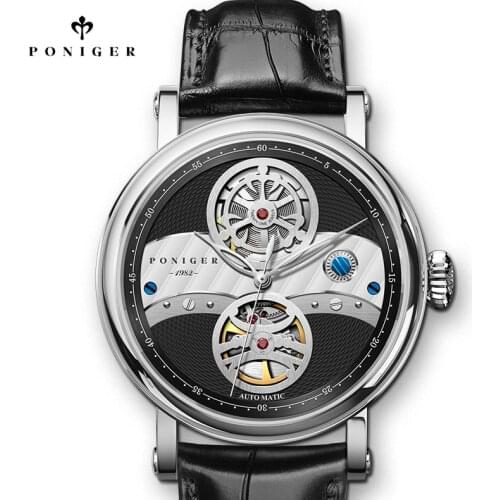 PONIGER Fashion Skeleton Automatic Mechanical Watch Genuine Leather Strap Men Wristwatch Sapphire Glass Waterproof 50m Men Watch