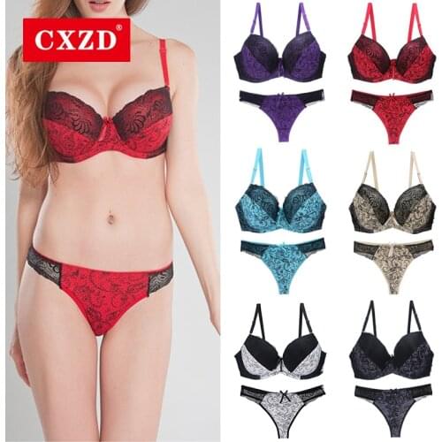 CXZD Sexy Women Lace Embroidered Padded Lingerie Underwire Lingerie Set Push up Bra Briefs Sets