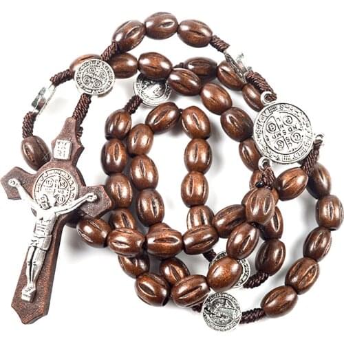 Handmade 8x10mm Wooden Beads St Benedict Alloy Metal Pendent Catholic Rosary Necklace