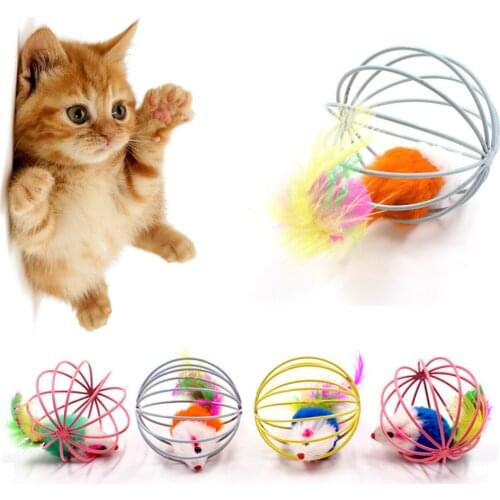 Cat Toy Pet Rainbow Ball Spring Prison Cage Mouse Telescopic Wire Interactive Stick Bell Feather Play Toy Dog Color Pet Supplies