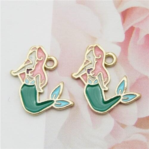 Julie Wang 10PCS Enamel Small Mermaid Charms Alloy Gold Tone Cartoon Mermaid Pendant Bracelet Jewelry Making Accessory