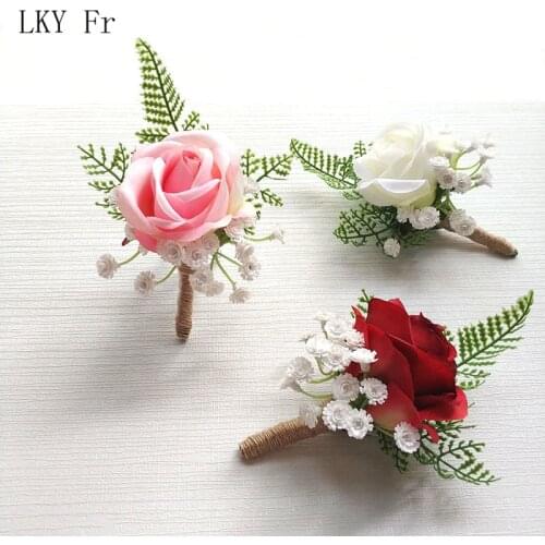 LKY Fr Boutonniere Wedding Buttonhole White Pink Corsage Pins Flowers Boutonniere Groomsman Marriage Corsage Wedding Accessories