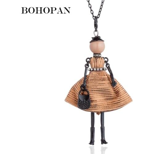 Fashion Design Doll Necklace Black Long Chain Brown Dress Doll Pendants Necklaces Women Girl Handbag Statement Jewelry Party