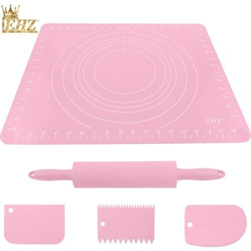 EHZ Baking Tool Set Pastry Boards Rolling Pin Wooden Handle Kneading Pad Thickening Non-stick Scale Kitchen Baking Pink 5PCS