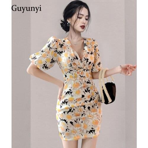 High Waist Tight Mini Dress 2021 Summer Simple Flowers V-Neck Gather Puff Sleeve Attend Event Elegant Party Womens Dresses