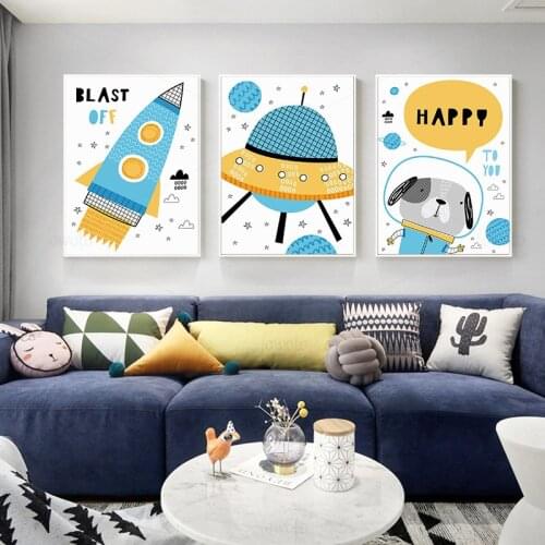 Blue Nursery Wall Art Minimalsit Art Print Space Party Poster Rocket Spaceship Canvas Painting Wall Pictures Kids Room Decor