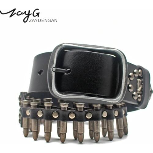 ZAYG Fashion Punk Bullet Rivet Luxury Designer Pin Buckle Belt High Quality Metal Leather Rock Motorcycle for Hip Hop Jeans Belt