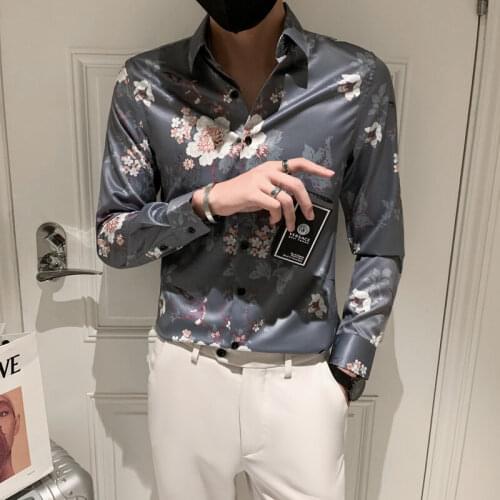 Vintage Floral Print Shirts for Men 2021 Autumn Long Sleeve Casual Slim Shirt Business Dress Shirts Social Party Chemise Homme