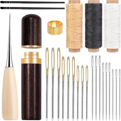 LMDZ Leather Sewing Awl Stainless Steel Sewing Needles Waxed Thread Kit With Gold Metal Finger Thimble Leather Craft Sewing Tool