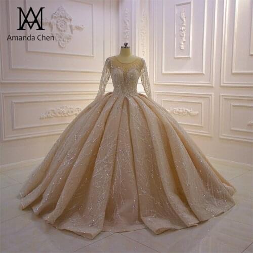 High Quality Full Sleeve Shiny Beads Pleat Beading Champagne 2021 Wedding Dress