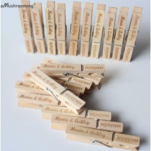 X50 Rustic Wedding Wooden Clothespins Party Table Number Holders Vintage Photo Wall Decor Clips with Personalized Name and Date