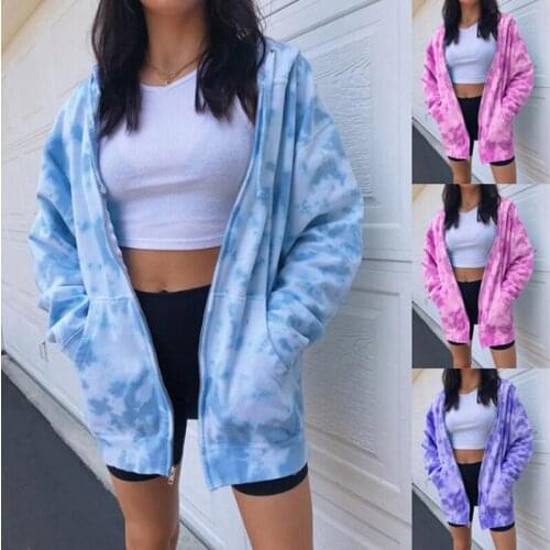Tie Dye Printed Womens Coat Summer Fashion Zipper Jacket Streetwear Pockets Hoodie Coat Oversize Loose Jacket