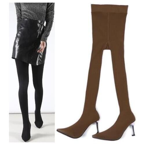 Hot Spring New Brand Woman Black Gray Burgundy Brown 8 cm Thin Heels Elastic Pointed Toe Sexy Pantyhose boots Big Size 43 Lady