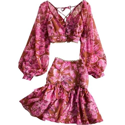 Spring high waist deep V neck lantern sleeve short chiffon shirt two-piece suit female high waist floral wrap hip skirt Autumn