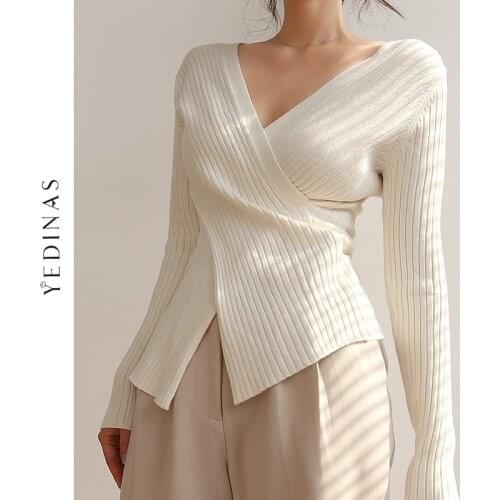 Yedinas Sexy Deep V-neck Knitted Sweater Women Elegant White Pullover Irregular Korean Sweaters Slim Fit Elastic Knitwear Tops