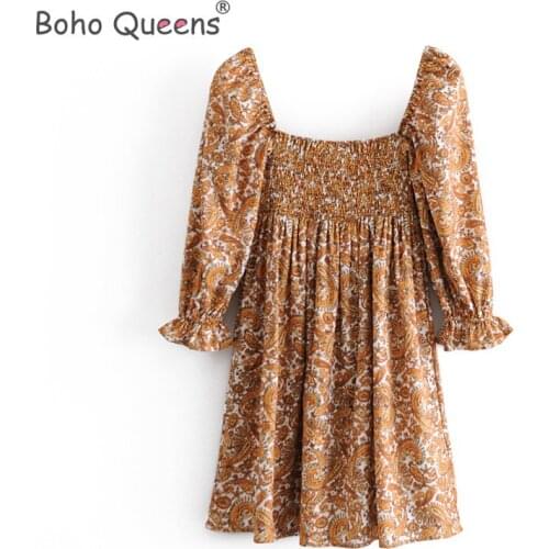 Boho Queens woman floral print square collar Bohemian mini dress ladies long sleeve happie dresses vestidos
