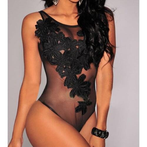 Sexy Embroidery Lace Bodysuit Women Solid Mesh Transparent Bodysuits Sleeveless Catsuit Bodys Top Female Sexy Lingerie Body Suit