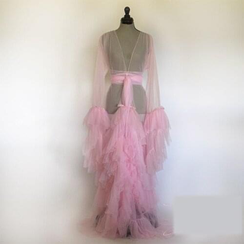 Womens Photography Dress Sexy Robe Long Sleeves Nightgown Ruffles Sleepwear Lace Tulle Bathrobe Pajamas Prom Bridesmaid Shawel