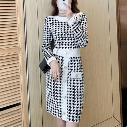 ZAWFL 2021 New Runway Design Vintage Plaid Knitting Sweater Dress Women Long Sleeve Single-breasted Party Mini Dress