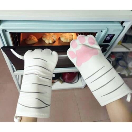 3D Cartoon Cat Paws Oven Mitts Long Cotton Baking Insulation Gloves Microwave Heat Resistant Non-slip Kitchen Gloves 1pcs