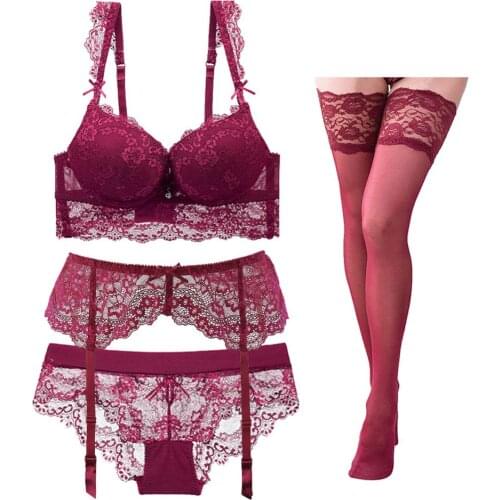 Sexy push-up underwire womens lingerie set lace back closure bra low waist sexy lace briefs bra+panties+garter+stockings 4PCS
