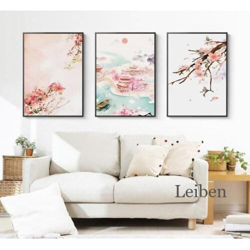 Chinese Landscape Canvas Painting Pink Flower Tree Scenery Abstract Wall Art Poster Picture for Living Room Modern Home Decor