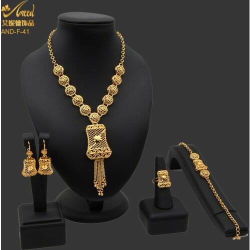 African Woman Jewelry Set Copper Gold Color Bridal Dubai Luxury Necklace Earrings Bracelet Ring Wedding Ethiopian Ornament