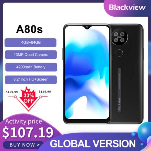 Blackview A80s Android 10 Smartphone 4GB+64GB Octa Core 13MP Quad Rear Camera 4200mAh Face Fingerprint Unlock 4G Mobile Phone