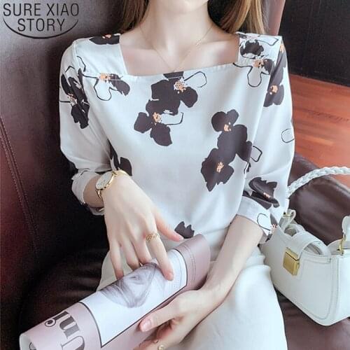 Floral Print Blouses Women Tops Square Collar Silk Blouse Fashion Temperament Clothes Summer Three Quarter Sleeve Blouse 14287