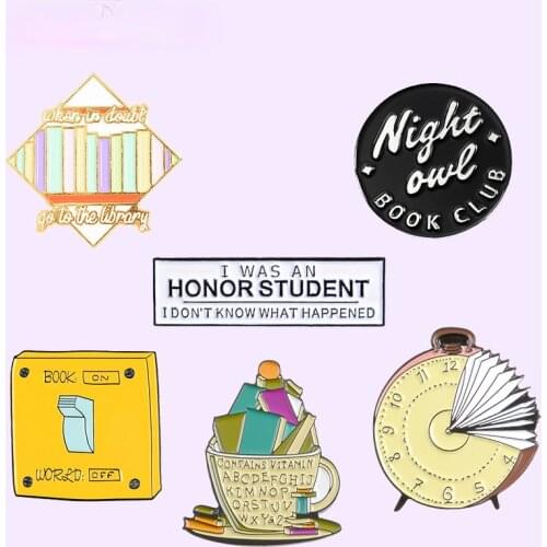 My Student Life Soft Enamel Pin Books Library Round Power Switch Alarm Clock Brooches Gift for Friends Student Badges Wholesale