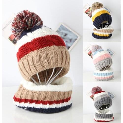 Children Kids Winter 2Pcs Cable Knit Beanie Hat Circle Scarf Set Cute Pompom Contrast Color Stripes Skull Cap Thick Plush Lined