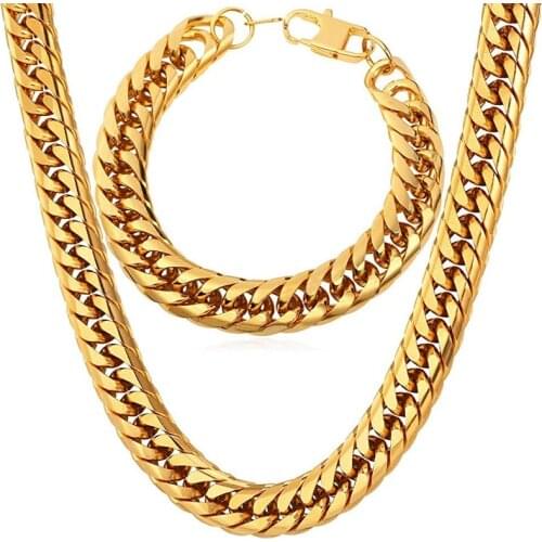 Men Thick Chain Necklace Bracelet Set Stainless Steel 18K Gold Plated 12MM Wide Franco Curb Chains Gift for Father or Boyfriend