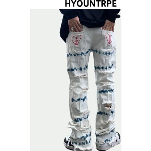 Men Jeans Hip Hop Denim Jeans High Street Irregular Printed Destory Holes Casual Loose Straight Joggers Hip Hop Streetwear Pants