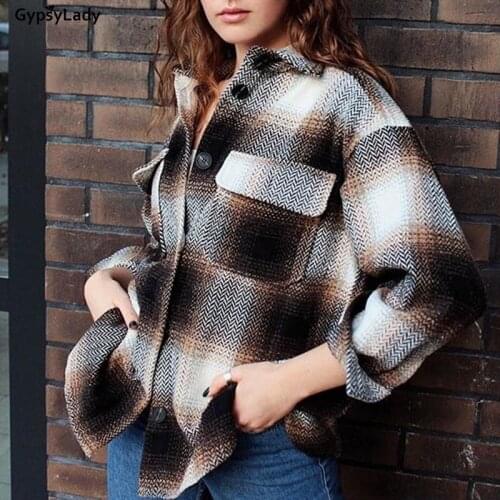 GypsyLady Thick Vintage Block Plaid Jacket Loose Shirt Jacket Women Casual Button Front Pocket Streetwear Jackets Tweed Outwear