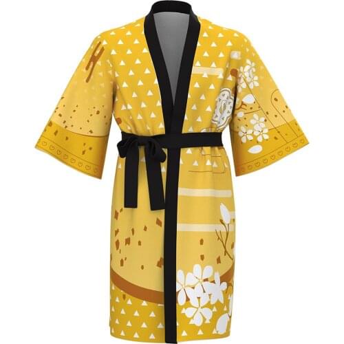 Anime Kids Adult Demon Slayer Agatsuma Zenitsu Cosplay Long Robe Belt Japanese Kimono Cardigan Bath Robe Sleepwear