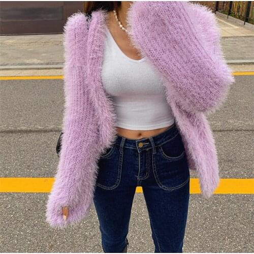 JSXDHK High Quality Women Thick Soft Warm Sweater Cardigan Autumn Winter Fashion V Neck Puff Sleeve Mohair Loose Knitted Coats