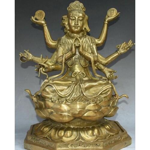 14"China Bronze Gold Avalokiteshvara of Goddess 3 Head 8 Arms Dragon head statue