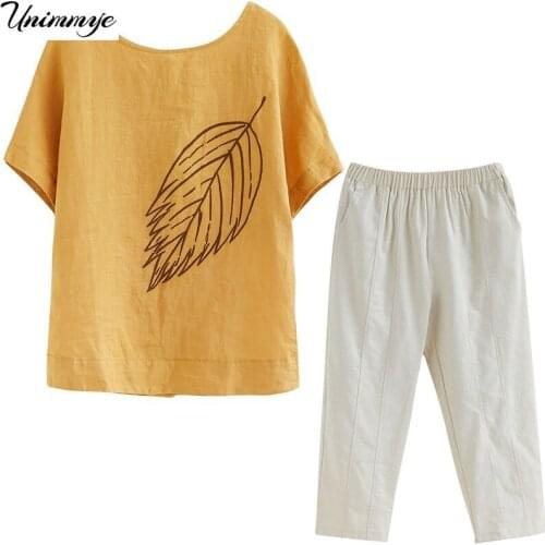 Female 2021 Summer Korean Fashion O-neck Printing Top + Casual Pants Suits Cotton and Linen Two-piece Set Womens Outfits Y747