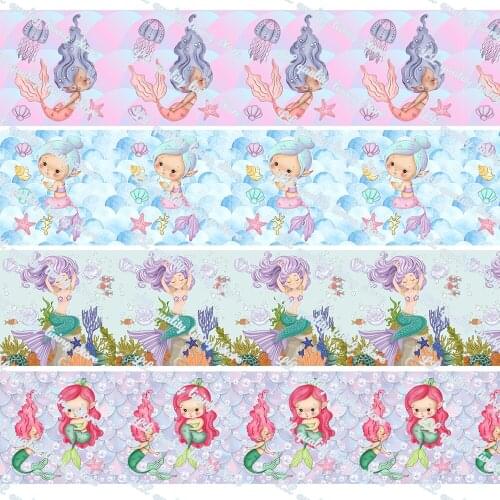 16-75mm Cartoon Mermaid Printed Grosgrain Ribbon/16mm Printed Elastic Foe Ribbons DIY Hair Bows Sewing Webbing 50 Yards